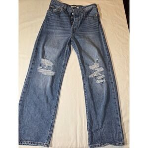 Levi's Premium Jeans Women 27 Blue Ribcage Straight Ankle Distressed Button Fly